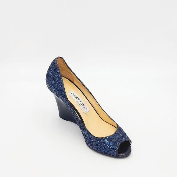 JIMMY CHOO Wedge Heels Blue Glitter BELLO Peep Toe Pumps Size 37.5 - Picture 2 of 9